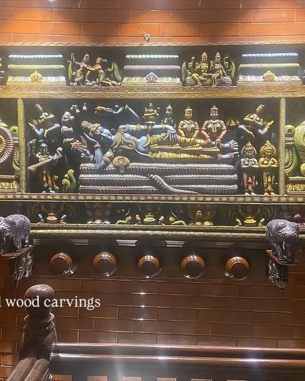 A client shared this picture of our Ranganathaswamy panel installed in their home. The backlighting creates a dramatic effect, turning the carving into a stunning spiritual and artistic centerpiece.