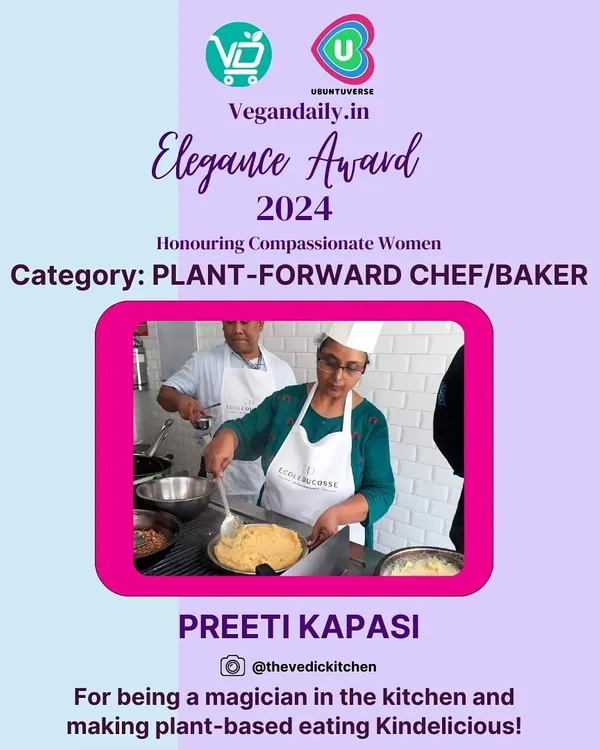 I was honoured to be named a 'Plant-Forward Chef/Baker' in the Elegance Awards 2024. This award celebrates compassionate women and reinforces my mission to make plant-based eating 'Kindelicious'.