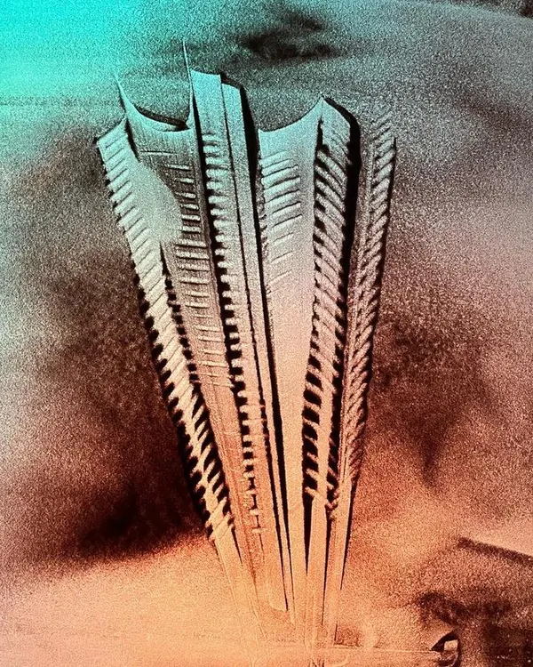 Titled 'High Hope', this abstract sand painting depicts futuristic skyscrapers rising from the earth. It's a commentary on urban growth, created with natural sand.