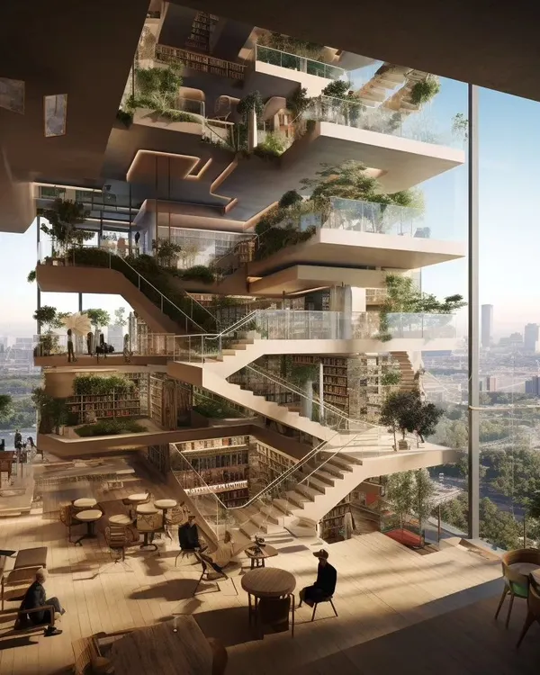 An AI-generated exploration for a communal library space in a hostel, imagining a multi-level atrium with integrated greenery and views of the city.