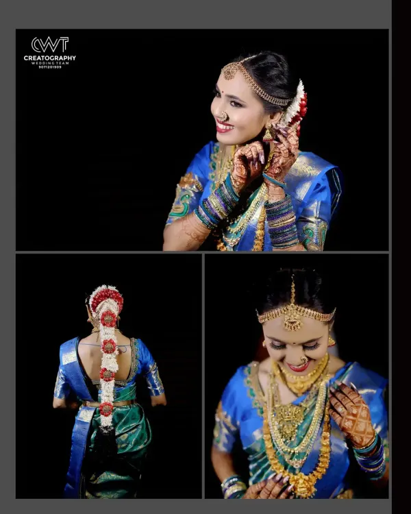 A sample album page for a bride, showing a combination of close up, mid, and back shots to capture all the details of her look.