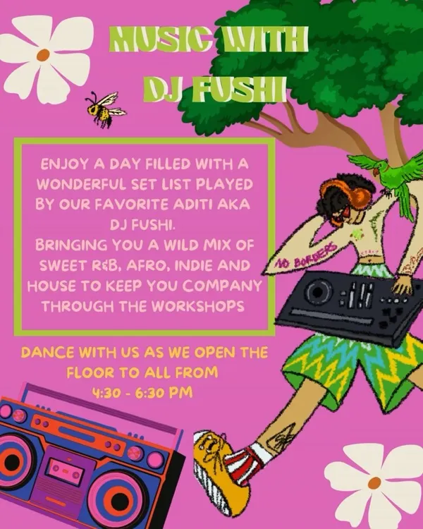An announcement for a vibrant workshop day at our studio, featuring block printing, embroidery, live music, and a community mural. We love creating multi-sensory experiences for our guests.