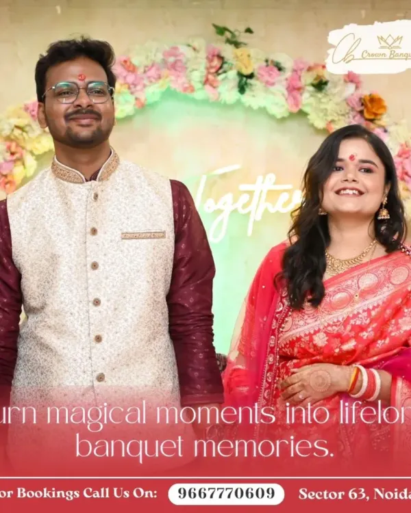 A beautiful portrait of a couple at their engagement ceremony. The floral backdrop with a "Together" neon sign provides a romantic and modern setting for celebrating your love.