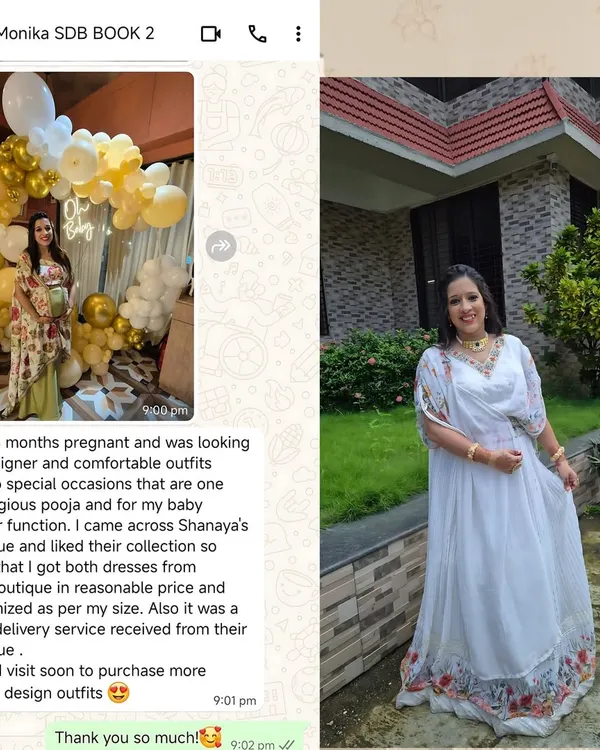 I was so happy to design two comfortable and beautiful outfits for Monika's baby shower and pooja. Her review about the quick delivery and perfect customization means the world to me.