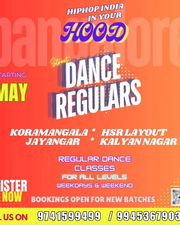 We're in your hood. This poster announces our regular classes for Popping, Locking, Waacking, and more across various Bangalore locations like Koramangala, HSR Layout, and Jayanagar.