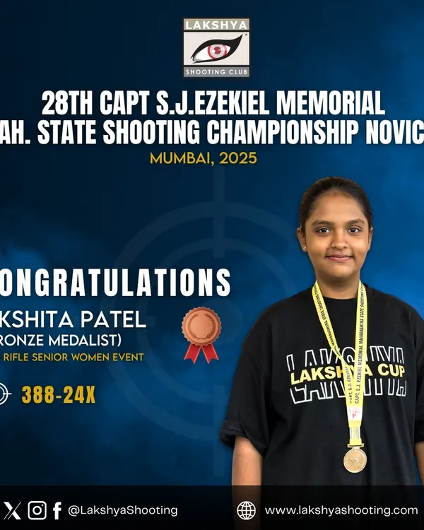 Congratulations to Akshita Patel on her bronze medal in the 10M Rifle Senior Women event at the Maharashtra State Shooting Championship. Her achievement is a proud moment for our Vasai branch.