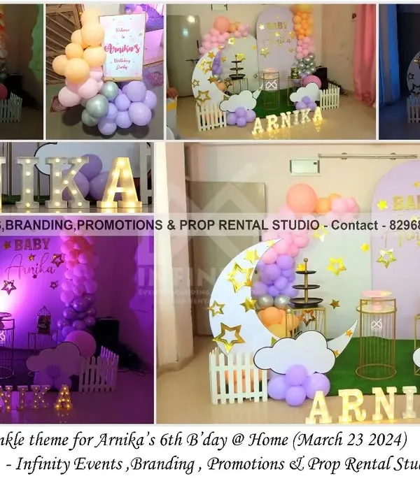 A dreamy "Twinkle Twinkle Little Star" theme for a sixth birthday at home. The setup features a moon and stars backdrop, a semi-arch of pastel balloons, and light-up marquee letters.