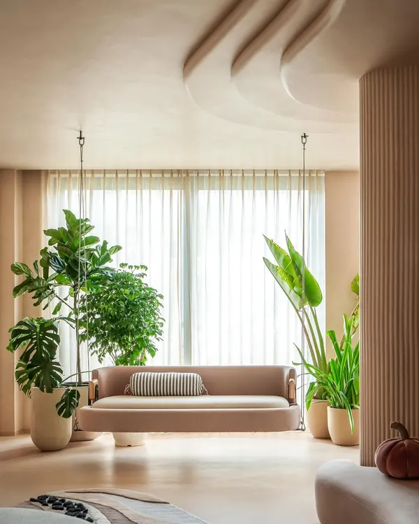 For the "House of Mousse," we designed this indoor swing as a perfect spot for quiet reflection. The space is a soft cocoon, a gentle sigh of relief where our clients can shed their worries and embrace peace.