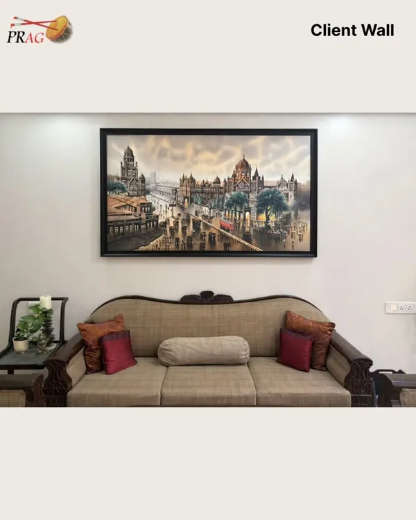 A magnificent cityscape of Mumbai finds its place above a classic sofa, adding historical depth and a sense of motion to this elegant living room.