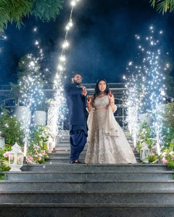 We believe every couple deserves a fairytale entrance. Here, we used dramatic cold pyrotechnics to create a breathtaking moment on a grand staircase, making the couple's arrival an unforgettable spectacle for everyone watching. This is the kind of magic we love to create.