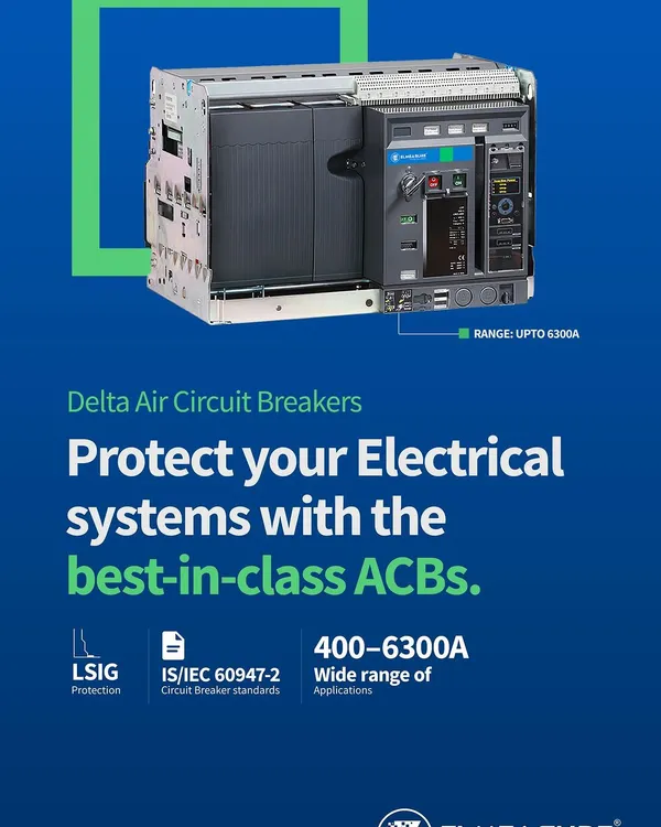 I present the Delta Air Circuit Breaker, engineered for best-in-class electrical system protection. This ACB, part of a range extending up to 6300A, features standard LSIG protection and complies with IS/IEC 60947-2, making it a cornerstone for reliable power distribution in critical industrial and commercial applications.