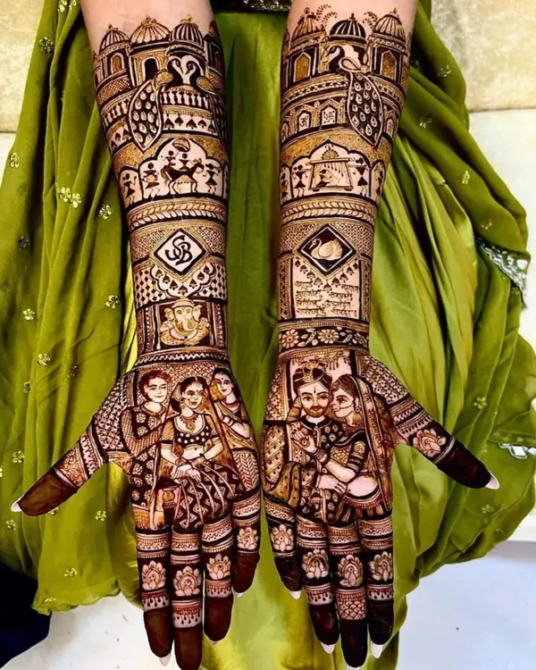 This is the kind of detailed, personalized bridal mehndi I love to create. Notice the clear portraits and intricate patterns that tell a story, making your design one of a kind.