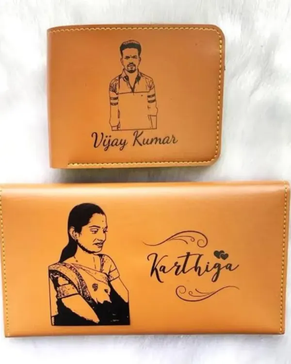 Another example of my couple's sketch wallet set. I can engrave individual portraits and names on a men's wallet and a women's clutch.