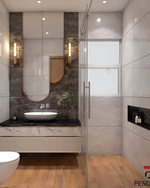 A luxurious bathroom design for a builder floor, featuring a mix of dark and light marble-finish tiles, a floating vanity, and elegant wall sconces for a hotel-like experience.