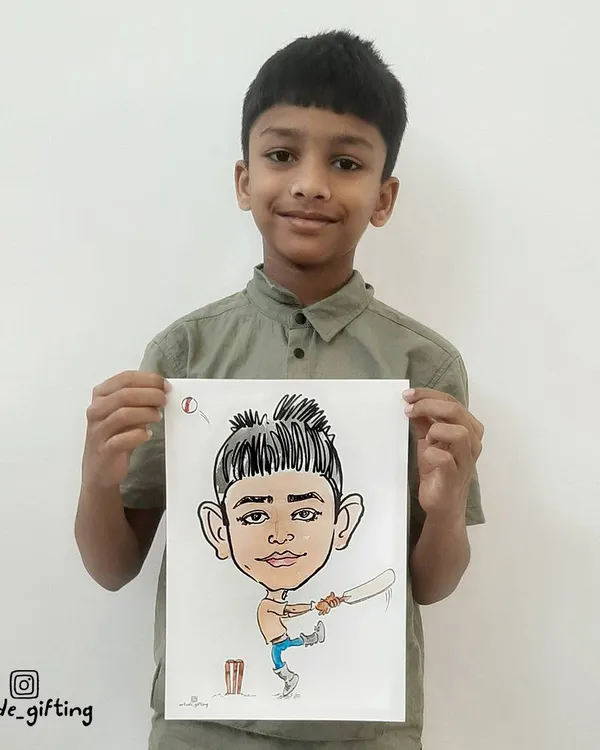 This young man is proudly showing off his cricket-themed caricature. It's always fun to draw kids with their favorite sports and hobbies.