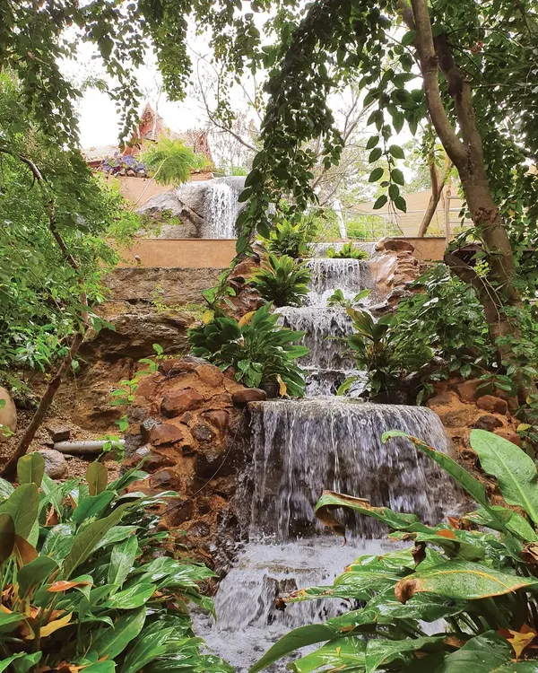 A beautiful man-made waterfall cascades down rocks, surrounded by lush plants, adding to the resort's tranquil ambiance.