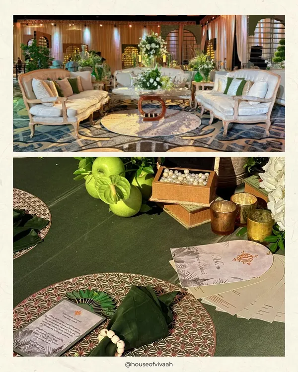 A tablescape that tells a story. For this greenhouse-themed event, we used leaf-folded napkins with pearl rings, custom-shaped menus, and fresh green apples to create a cohesive and refreshing look.