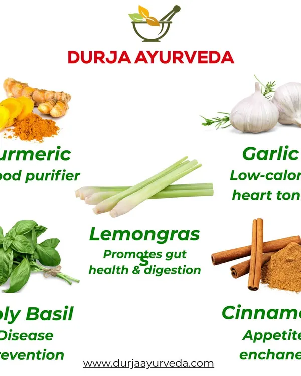 Nature's pharmacy is at the heart of Ayurveda. This image showcases some of the powerful herbs I use, such as Turmeric for blood purification, Garlic as a heart tonic, and Holy Basil for disease prevention.
