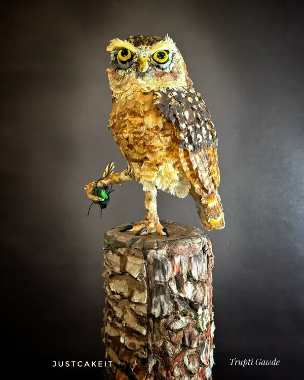 This award-winning edible sculpture of a burrowing owl is one of my proudest creations. Every detail, from the 400 individually hand-cut feathers to the realistic dry wood texture, is completely edible and showcases my passion for bringing nature to life through cake art.