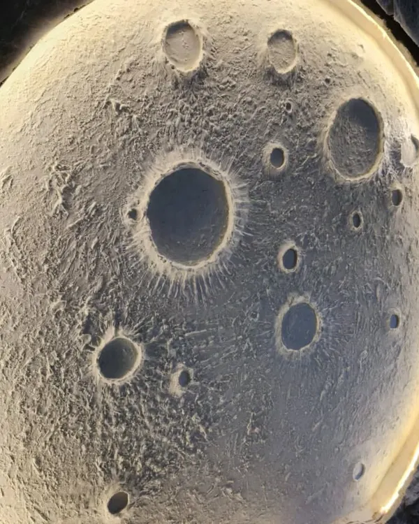 A close-up of the moon relief sculpture before the backlighting was installed. This shows the detailed texture and cratering we sculpted to create a realistic lunar surface.