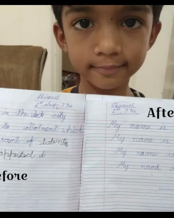 See the confidence on this young student's face as he shows off his handwriting transformation. We worked together to improve his letter formation and spacing, turning messy writing into clear, neat lines he can be proud of.