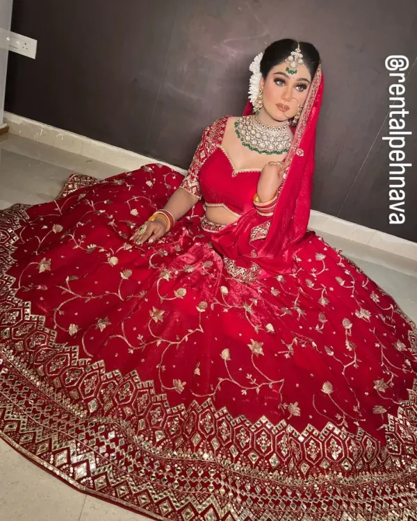 A classic red velvet bridal lehenga with heavy gold embroidery along the border. This is a timeless choice for a traditional Hindu wedding ceremony.