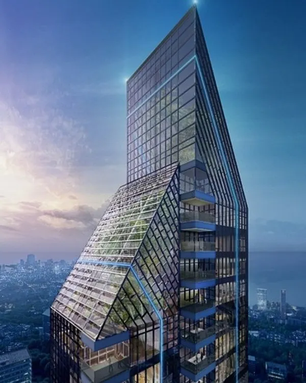 This is our design for Lodha Altamount, a 40-floor luxury residential tower in South Bombay. The building's sharp, crystalline form and glass facade are designed to be an iconic statement of elegance and simplicity on the city's skyline.