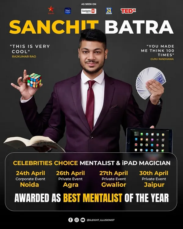 This poster highlights a packed week of shows, from a corporate event in Noida to private parties in Agra, Gwalior, and Jaipur. It's a testament to being the "Celebrities Choice" and the "Best Mentalist of the Year."