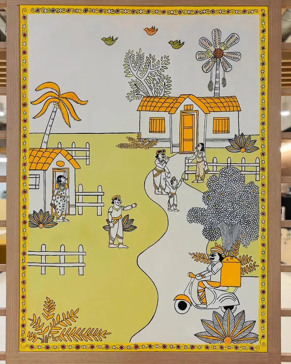 The final canvas I painted for Amazon's new Hyderabad office, beautifully framed and installed. The theme blends a traditional Indian village scene with the modern reality of e-commerce, telling a unique story for the workspace.