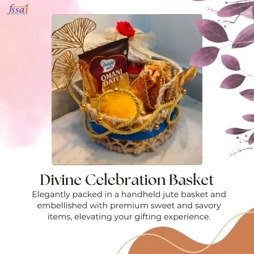 This is my Divine Celebration Basket. It features a handheld jute basket embellished with premium sweet and savory items like Omani dates, elevating the entire gifting experience.