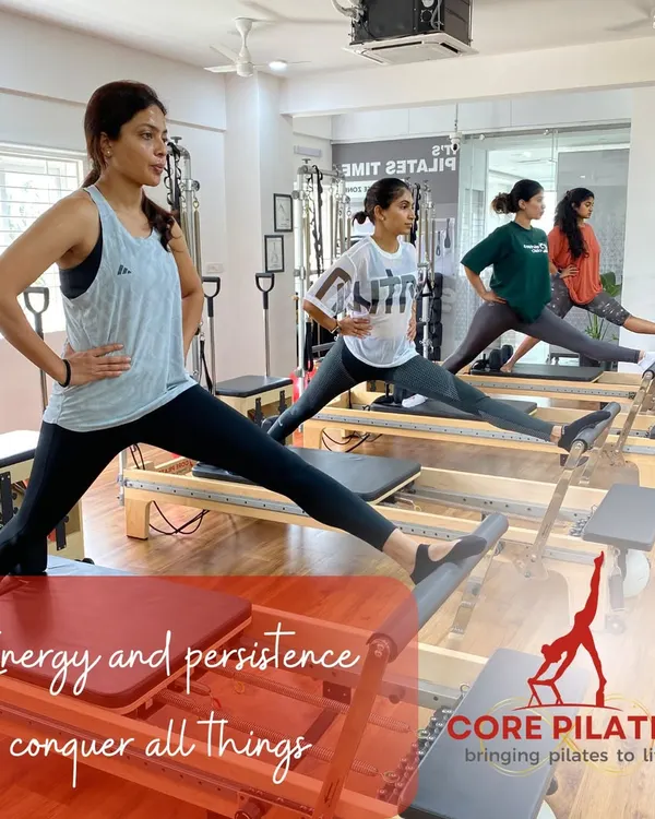 Welcome to Core Pilates. Our group reformer classes are designed to be energetic and supportive, ensuring you get personalized attention while enjoying the motivation of a group setting. Here, our clients work on flexibility and strength in a synchronized lunge.