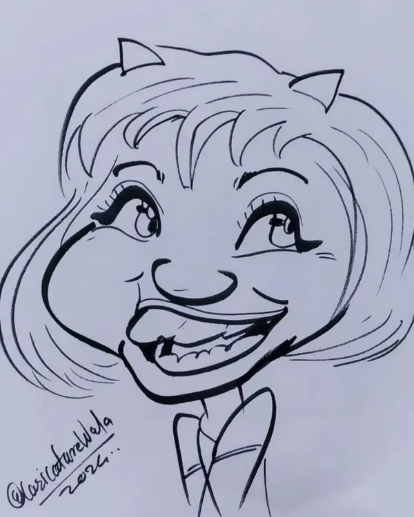 A cute and funny caricature of a woman with a playful wink and short hair.