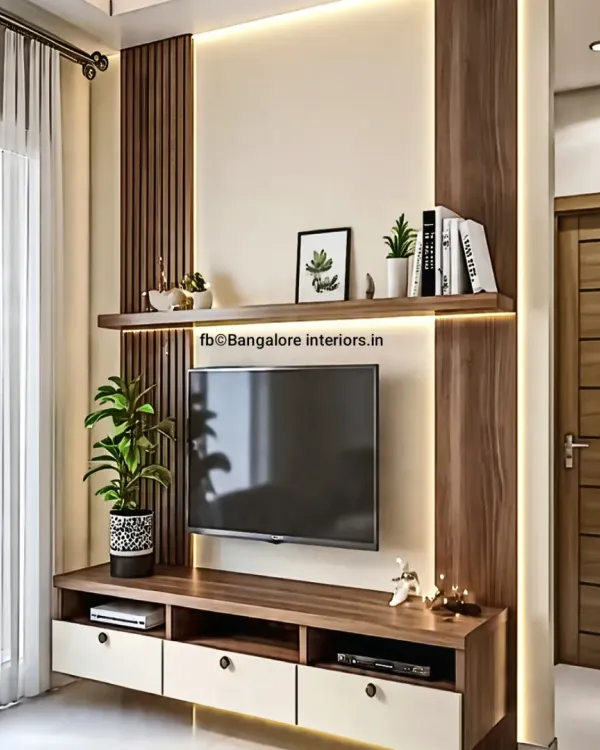 A floating TV unit in a two-tone wood and white finish. The design incorporates vertical wood fluting and LED strip lighting for a dramatic effect, with a mix of open shelves and closed drawers for versatile storage.