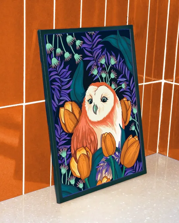 This framed print of my barn owl illustration shows how my digital art can bring a touch of nature and vibrant color into your home. I love imagining my work in different spaces.