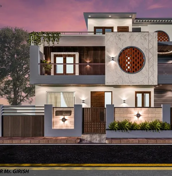 This 3D visualization of a luxurious bungalow on a 3000 sqft plot captures how I use architectural lighting to create a dramatic and welcoming evening ambiance. The design balances bold contemporary forms with intricate details like circular jalli work.