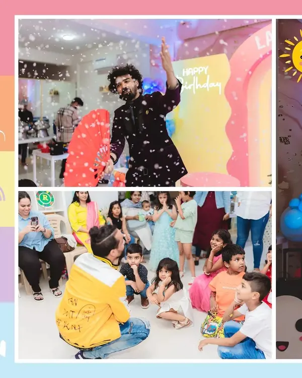 A collage from a rainbow-themed party, showing a magician captivating an audience of children with a dazzling performance.