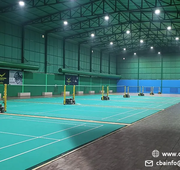 Welcome to Celestial's Badminton Academy. This expansive view showcases our seven indoor, air-conditioned courts, all featuring BWF-approved mats over wooden flooring to provide a professional-grade playing surface that minimizes impact and maximizes performance.