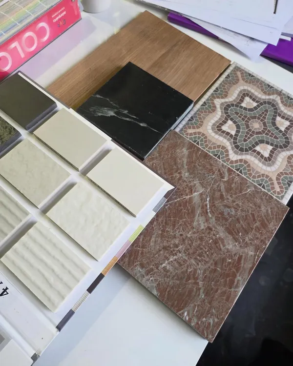Every project begins with a feeling, which I translate into a palette of materials. This mood board explores a combination of rich woods, patterned tiles, and different marbles, laying the groundwork for a kitchen full of texture and warmth.