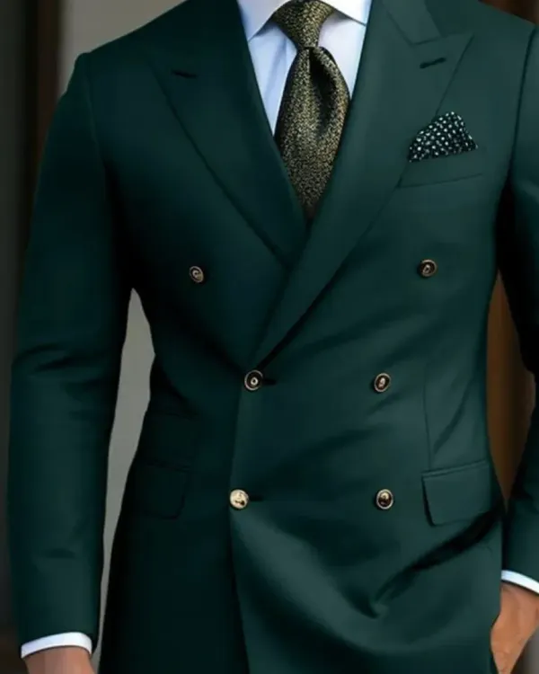 A classic double-breasted suit in a deep forest green. The peak lapels and sharp tailoring create a powerful and sophisticated silhouette. This is a timeless piece for any gentleman's wardrobe.