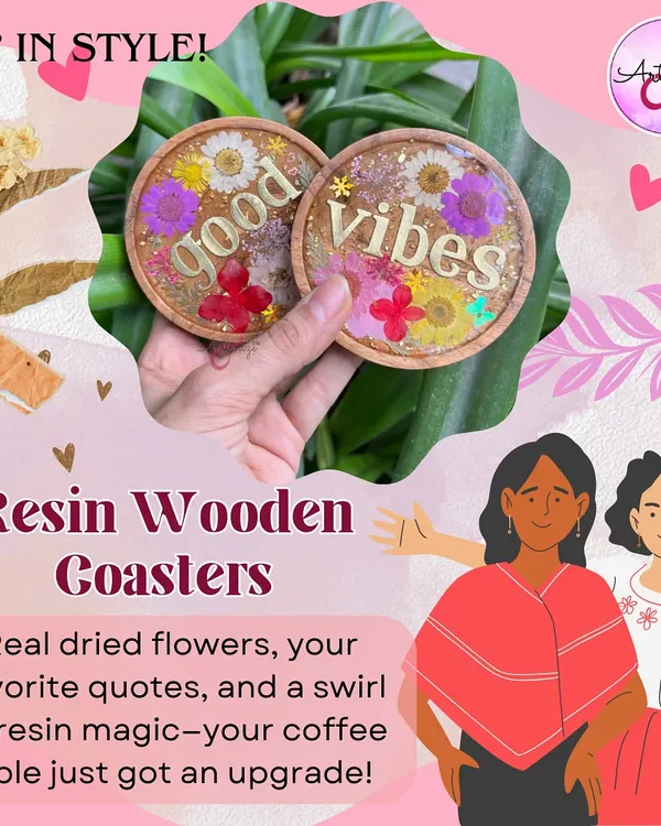 Sip in style with these resin wooden coasters. Made with real dried flowers and your favorite quotes, they are a perfect upgrade for your coffee table.