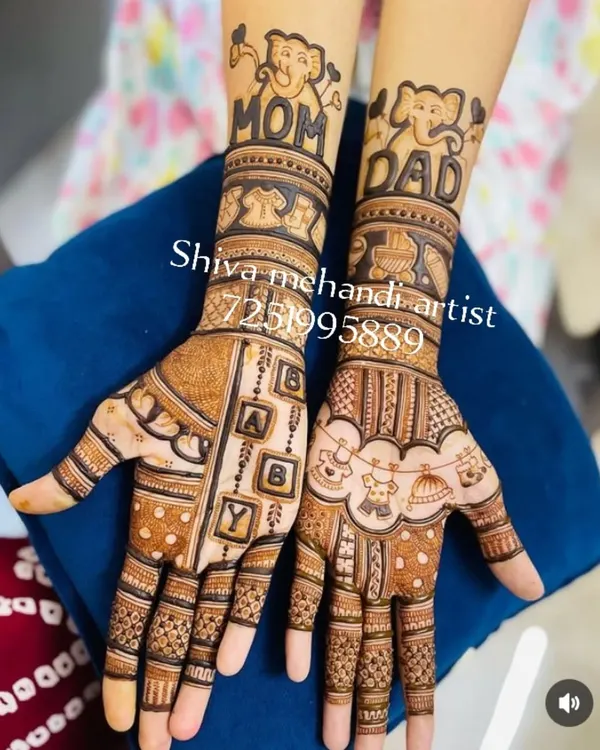 A unique baby shower design celebrating both parents, with "MOM" and "DAD" incorporated into the artwork. The design includes playful elephants and baby blocks to mark the special occasion.