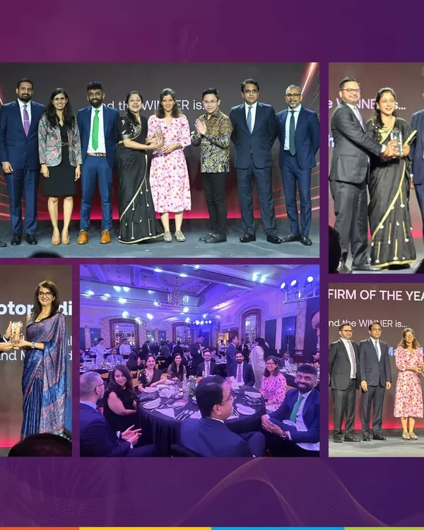 A collage from the Asian Legal Business India Law Awards 2025, where we were honored with multiple awards, including 'India Law Firm of the Year' and 'Restructuring & Insolvency Law Firm of the Year'. Our team is pictured accepting the awards, celebrating our collective success.
