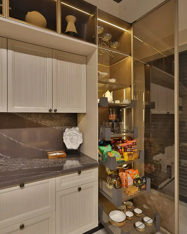 A look inside a tall pantry unit, a cornerstone of a well-organized kitchen. The pull-out mechanism brings everything from snacks to staples into easy view, making the most of vertical space and eliminating hard-to-reach back corners.