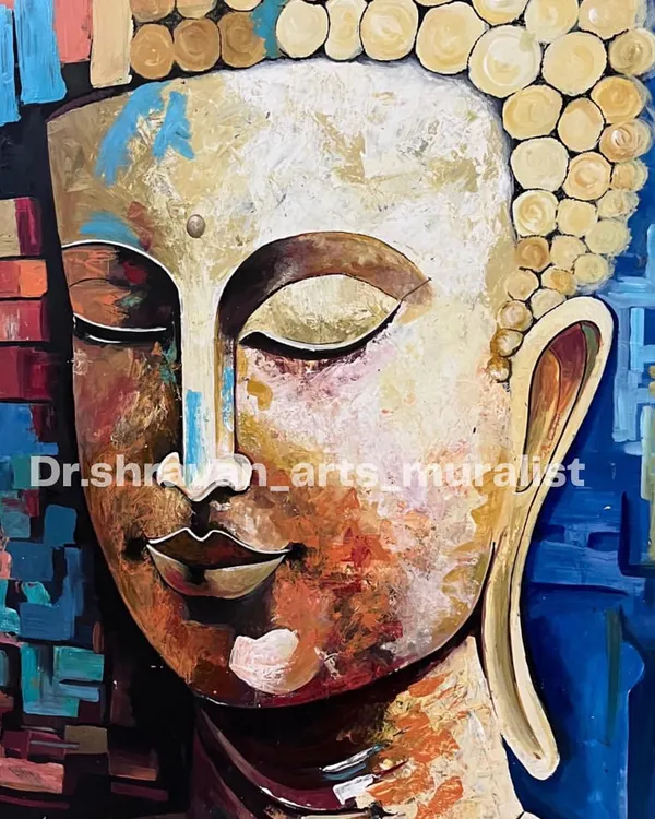 This textured Buddha portrait is one of my favorite styles, bringing a sense of peace and modern artistry to a space. I build up layers to create the 3D effect on the face and hair, using a vibrant color palette to make it a powerful focal point for any room.