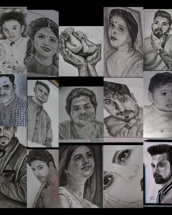 A collage showcasing a year of my artistic growth. It features a wide variety of commissioned portraits, from babies and couples to individual sketches.