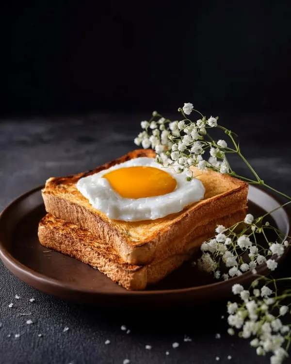 A perfect sunny-side-up egg on golden toast, styled with delicate baby's breath flowers against a dark, textured background. This shot balances rustic simplicity with elegance, ideal for a cafe's breakfast menu.