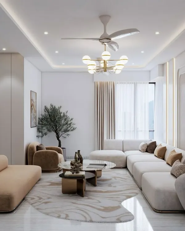 A 3D render of a modern luxury living room where elegance meets comfort. The design features a large sectional sofa in soft beige tones and a harmonious palette of white, beige, and gold accents.