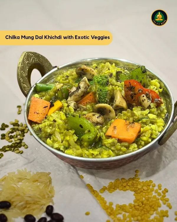 This isn't your regular khichdi. It's my Chilka Mung Dal Khichdi with Exotic Veggies, packed with fiber, protein, and gut-friendly goodness. It's a guilt-free indulgence.