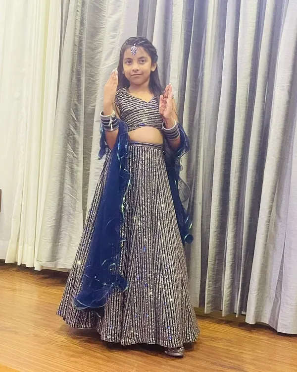 My adorable young client looking like a star in a sequined navy blue lehenga. I love providing beautiful outfits for all ages.