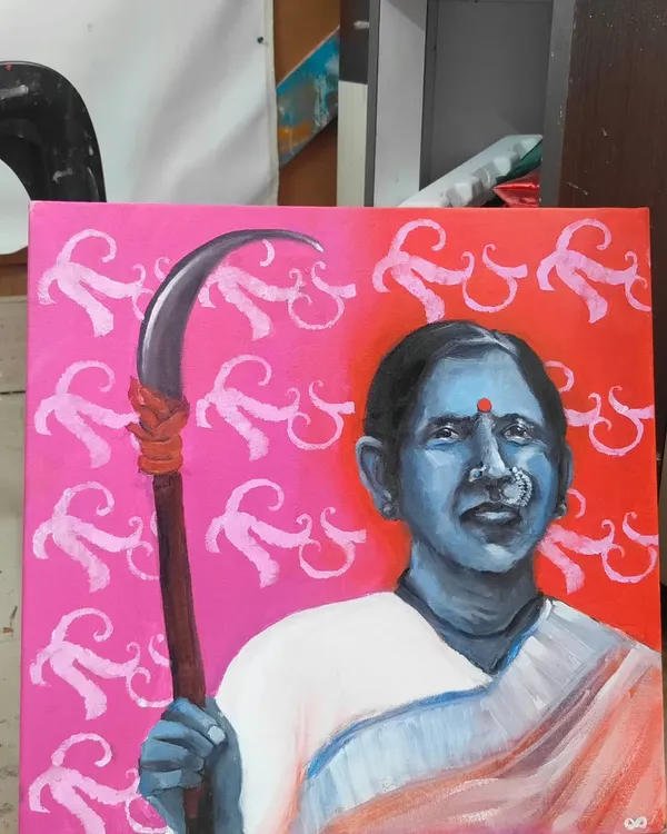 The full view of "Sickle," from my "Violent Women" series. This 2 by 2 feet acrylic on canvas portrays a woman farm laborer, reimagining the sickle not just as a tool of agriculture, but as an instrument of power and rage against injustice.